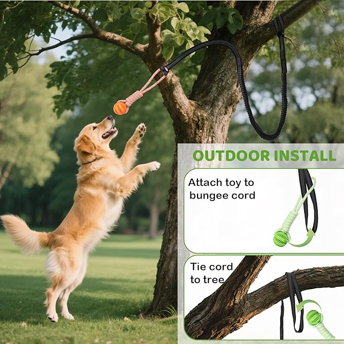 Bungee Tether Tug Outdoor Dog Toy for Dogs, Tug of War Toy with Stake, 2 Puzzle Balls, Cotton Stick Toys, Outdoor Interactive Dog Toys for Lawns, Tug of War Dog Toy for Multi-Pet Households, Orange