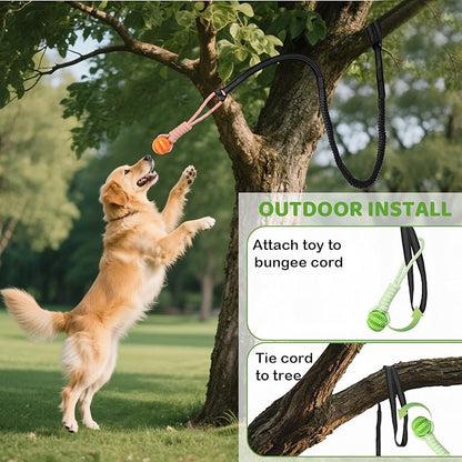 Bungee Tether Tug Outdoor Dog Toy for Dogs, Tug of War Toy with Stake, 2 Puzzle Balls, Cotton Stick Toys, Outdoor Interactive Dog Toys for Lawns, Tug of War Dog Toy for Multi-Pet Households, Orange