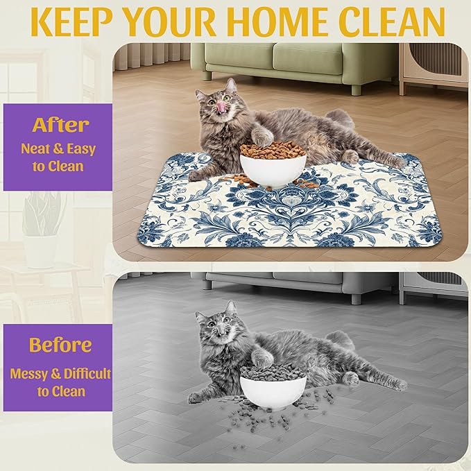 Vintage Floral Paisley Pet Feeding Mat, Absorbent Dog Cat Bowl Pad, Quick Dry, No Stains, Non-Slip Backing – 16x24 Inch