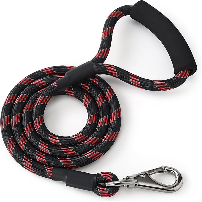Mile High Life Reflective Dog Leash, with Comfortable Padded Handle, Black Nylon Rope Leash with Steel Tips, Heavy Duty 4 Feet Pet Leashes (Black Red,48 Inches)