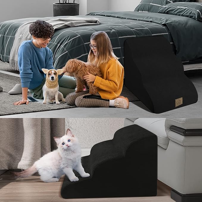 Mestuel Dog Stairs for Couch Bed Sofa, 3-Tiers Dog Stairs Ramp for Small Old Dogs Cats, Pet Stairs Steps with Gentle Slope &Non Slip Bottom/Machine Washable Cover, Black