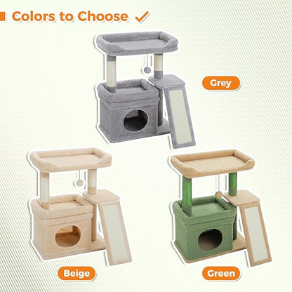 PEQULTI Small Cat Tree Cactus Cat Tower for Large Adult Cats with Wide Top Perch, Private Cat Condo and Sisal Scratching Post&Pad for Indoor Cats, Green