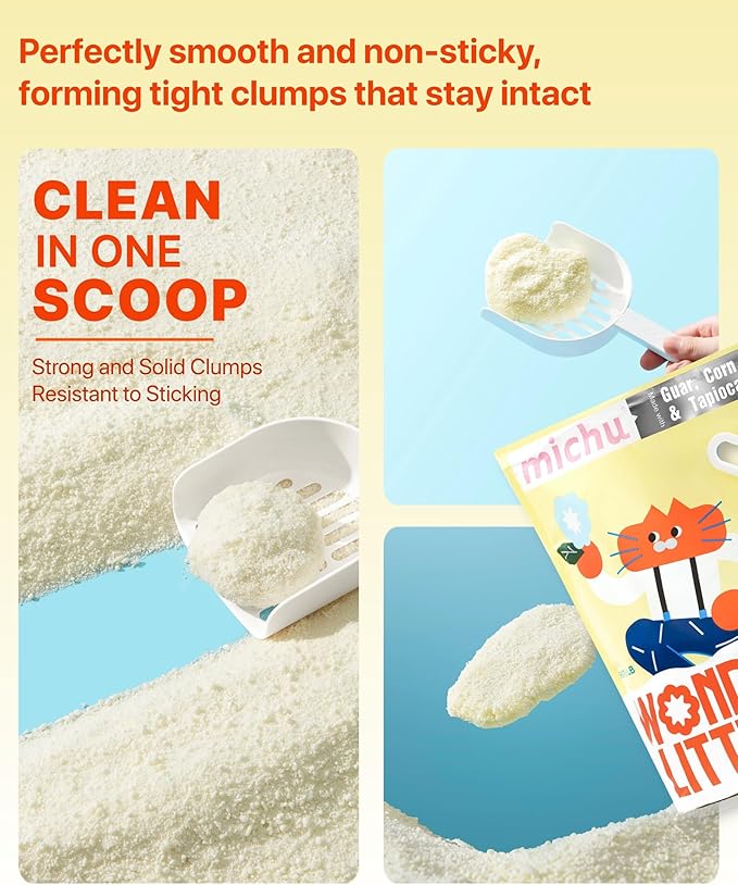 Michu Wonder Cat Litter, Cassava Plant-Based Cat Litter, Automatic Litter Box Friendly, Flushable & Fast Clumping, Low Dust Odor Control, 5.5lb/88oz - Unscented 4 Pack