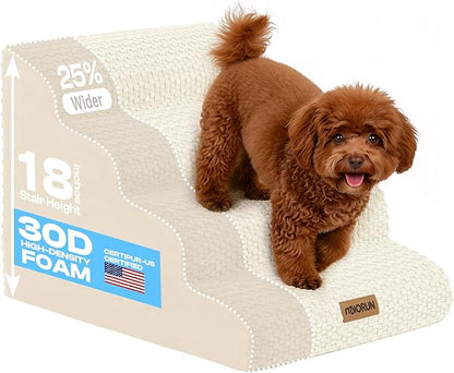 Extra Wide 4-Step Dog Stairs for Bed & Couch up to 20" H, More Stable Non-Slip Cat Steps with Balanced Foam Structure, Stylish Indoor Dog Steps for Senior Dogs and Cats, Beige