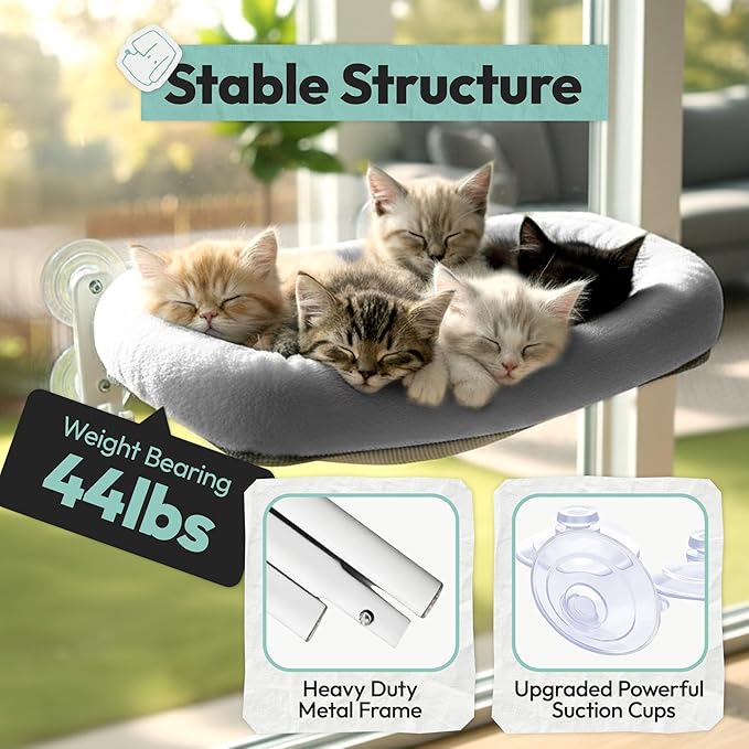 Cordless Cat Window Perch, Foldable Cat Window Hammock, 4 Strong Suction Cups, Solid Metal Frame, Patented Hook Design, Cushion Grey, L