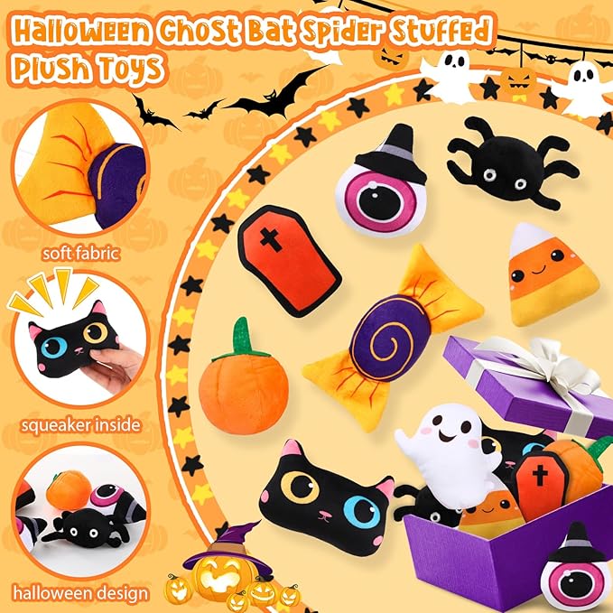 24 Pcs Halloween Dog Squeaky Bulk Halloween Bat Spider Stuffed Plush Cat Interactive Stuffed Dog Chew for Small Medium Pets Teething Cleaning and Training