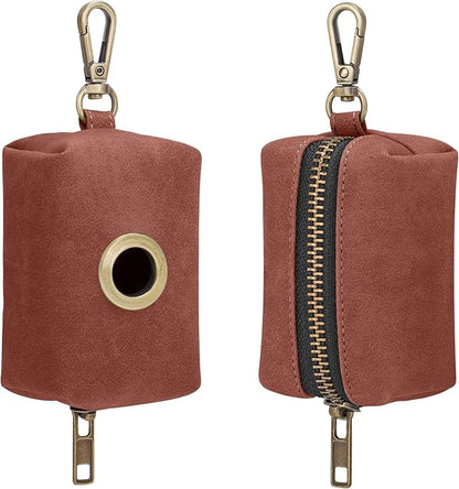 Didog Classic Dog Poop Bag Holder, Easy-Pull and Elegant PU Leather Pet Waste Bag Dispenser for Leash with Carabiner Clip, Includes 1 Roll Dog Waste Bag for Daily Walking,Brown