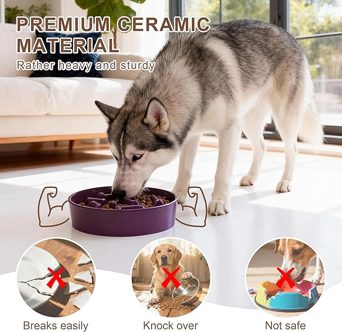 Ceramic Slow Feeder Dog Bowls, Ceramic Slow Feeder Maze Dog Food Bowl, Slow Eating Dog Bowl and Slow Feeder Dog Bowl Anti-Choking for Daily Pet Feeding （Purple Bone）