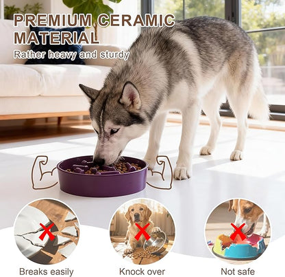 Ceramic Slow Feeder Dog Bowls, Ceramic Slow Feeder Maze Dog Food Bowl, Slow Eating Dog Bowl and Slow Feeder Dog Bowl Anti-Choking for Daily Pet Feeding （Purple Bone）