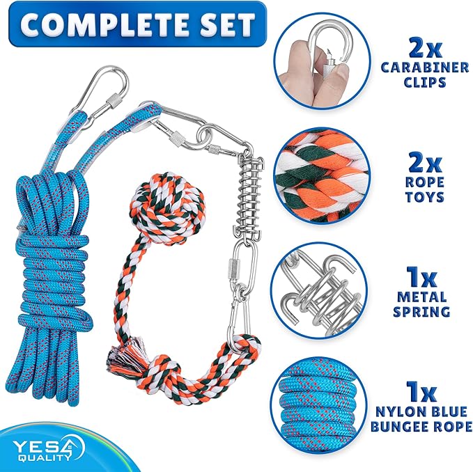 YES4QUALITY Dog Outdoor Bungee Hanging Toy, Blue Interactive Tree Tug Toy Rope w/Metal Spring Kit & 2 Rope Toys, Heavy-Duty Exercise Equipment for Medium & Large Dogs, Tether Tug of War Dog Toys