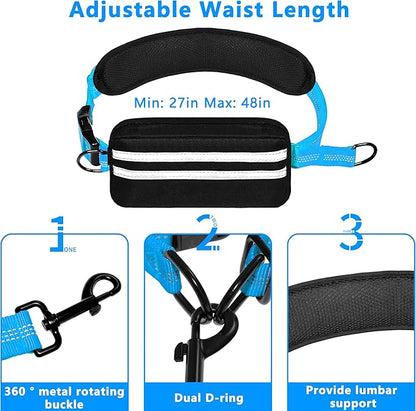Hands Free Dog Leash with Zipper Pouch, Running Waist Leash for Dog Walking, Adjustable Waist Belt for Large Dogs, Reflective Bungee Design with Two Handle for Hiking, Training, Sky Blue