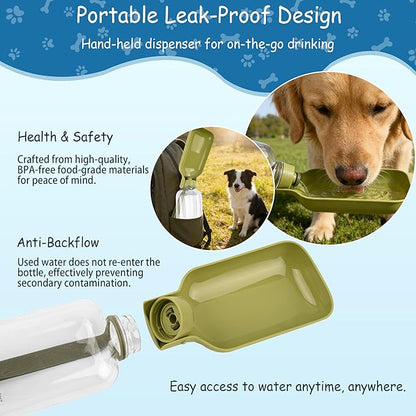 Portable Dog Water Bottle-18 Oz Leak-Proof Green Water Bowl Dispenser for Walk Hiking or Travel
