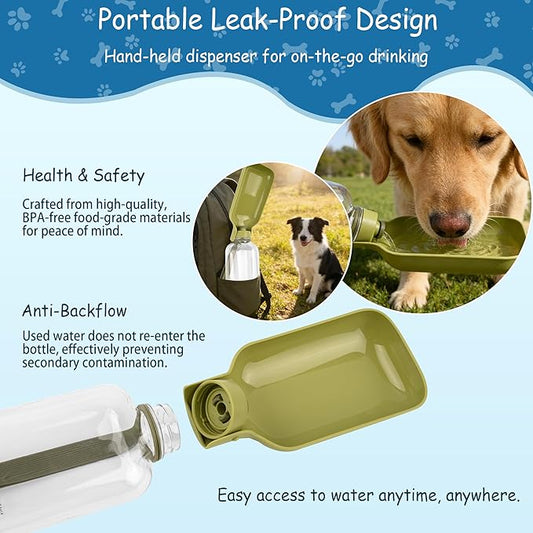 Portable Dog Water Bottle-18 Oz Leak-Proof Green Water Bowl Dispenser for Walk Hiking or Travel