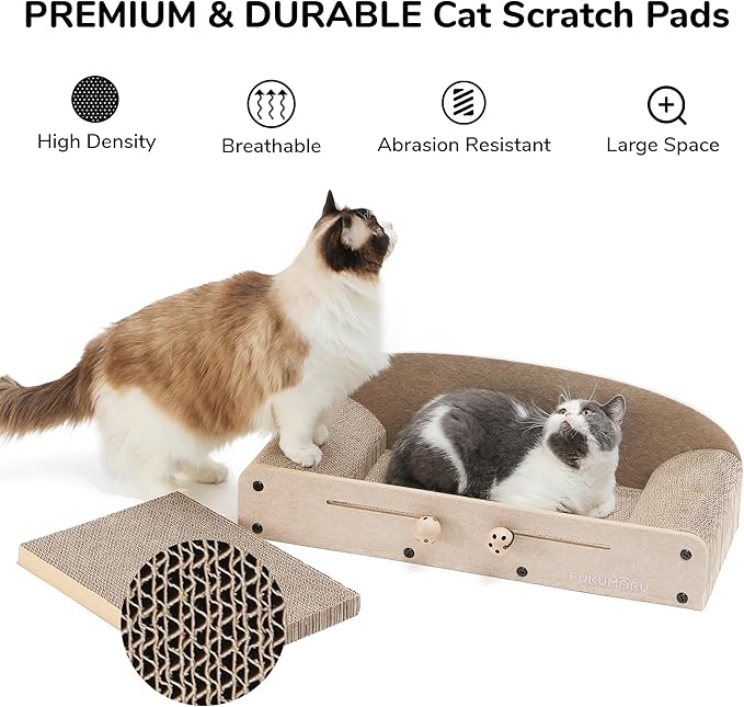 FUKUMARU 26 Inch Cat Scratcher Bed, 2 Reversible Cardboard Cat Scratch Pads Refill for Indoor Cats, Durable Large Cats Scratching Bed Sofa Couch Lounger with Fun Toys, Furniture Protector, Beige