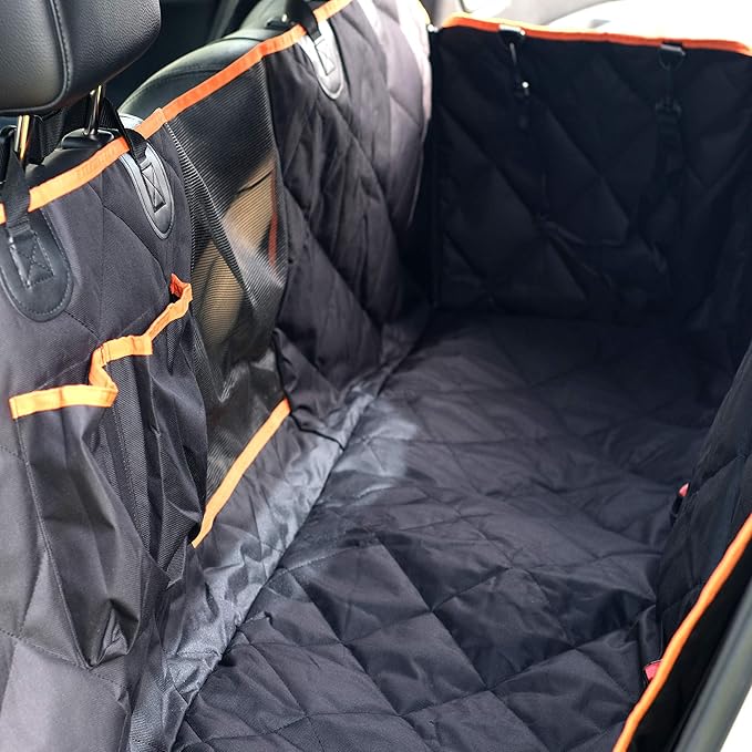 Dog Car Seat Cover, Back Seat Pet Cover - Waterproof, Scratchproof, Nonslip, Hammock, Backseat Protection from Fur, Dirt, Accidents, Truck/SUV Size, Black/Blue Color, Safety Harness Included