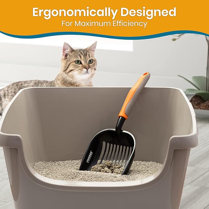 PAWBEE Premium Non-Stick Metal Cat Litter Scooper with Holder, Deep Shovel Poop Scoop, Long Non-Slip Handle
