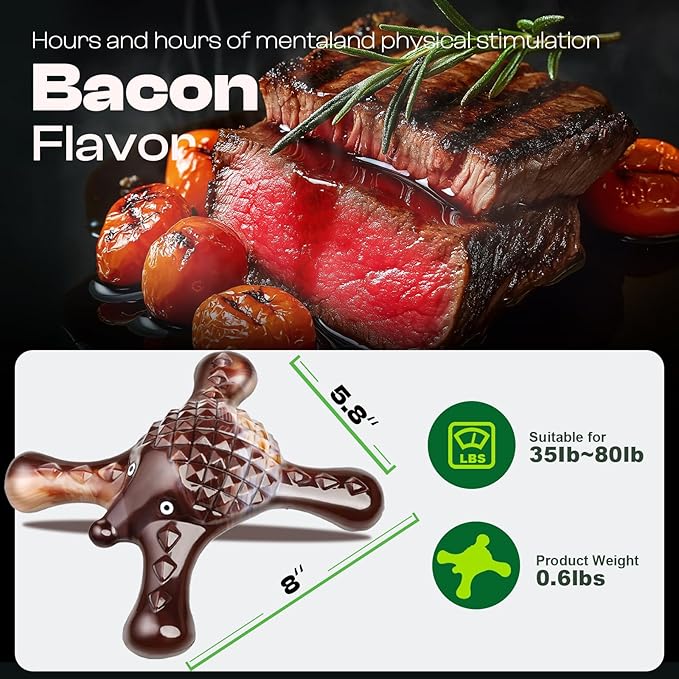 Indestructible Dog Chew Toy for Aggressive Chewers – Tough Nylon Super Chewer Toy, Bacon Flavor, Long-Lasting & Heavy-Duty, Teeth Cleaning & Boredom Relief for Large Breed Dogs