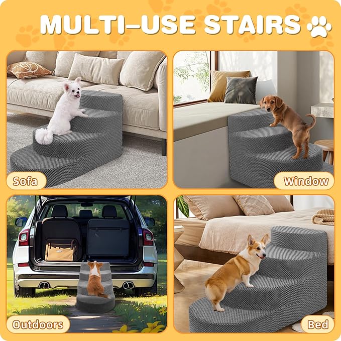 Dog Stairs for Small Dogs, Foam Steps for Small Dogs & Cats, 4 Steps Dog Ramp for High Beds, Couch, Window, Sofa, Pet Stairs with Removable Washable Cover, Non-Slip Sturdy Pet Steps, Gray