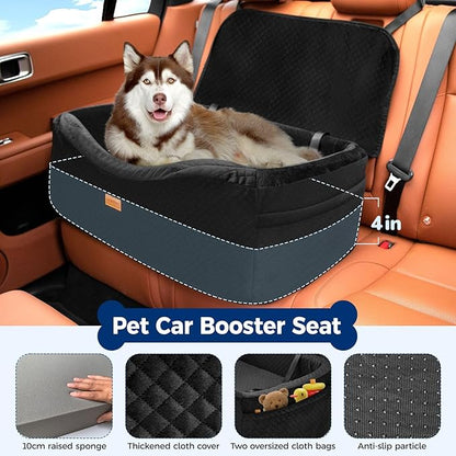 Dog Car Seat for Large Dogs up to 60 lbs or 2 Small Dogs with 4" Memory Foam, Back Seat Medium Pet Booster Seat with Triple Safety Belts, Adjustable Leashes, Detachable/Washable (Dark Black, Large)