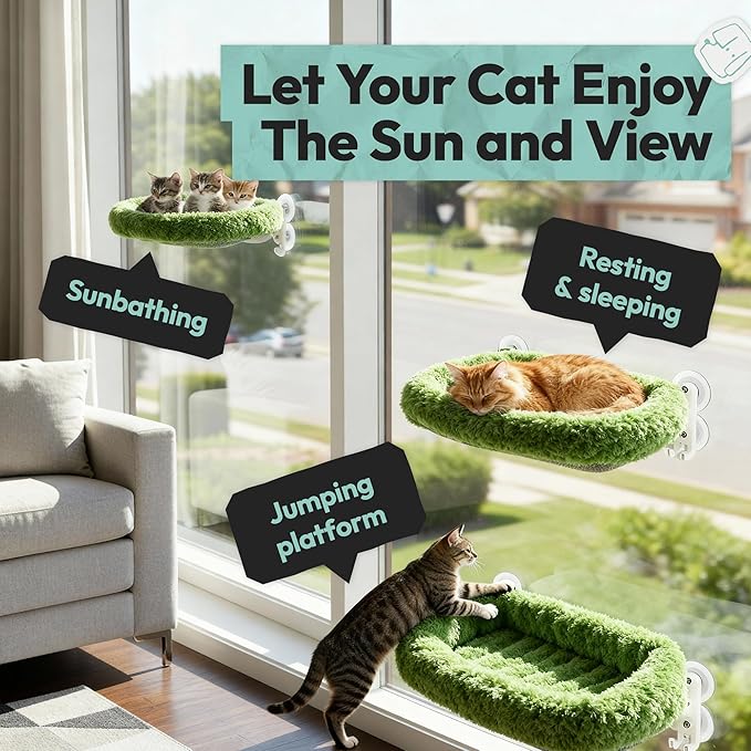 Cordless Cat Window Perch, Foldable Cat Window Hammock, 4 Strong Suction Cups, Solid Metal Frame, Patented Hook Design, Cushion Green, L