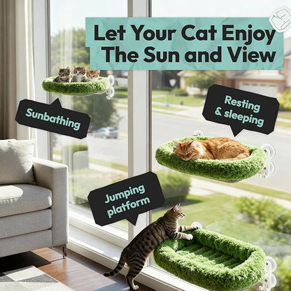 Cordless Cat Window Perch, Foldable Cat Window Hammock, 4 Strong Suction Cups, Solid Metal Frame, Patented Hook Design, Cushion Green, L