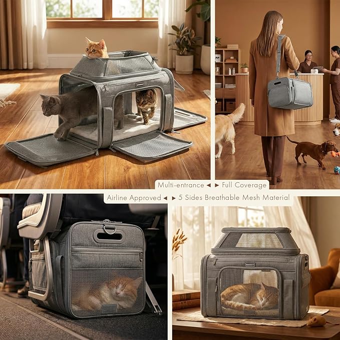Top-Expandable Pet Carrier with Treat & Pet Window,18x11x11 Inch Delta American United Airline Approved,Soft-Sided Dog Carrier for Small Dogs and Cats,Travel Cat Carrier with Locking Safety Zippers