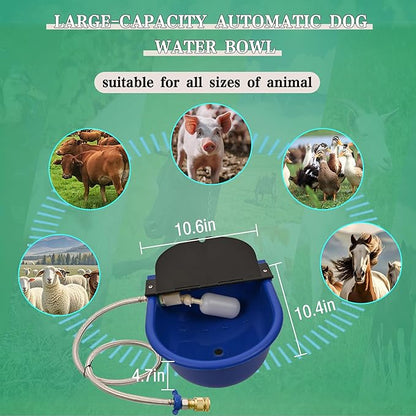Automatic Dog Water Dispenser with Drain Valve, 1 Gallon Outdoor Auto Water Dog Bowl with Float Valve, Automatic Chicken Waterer with Hose Quick Connector, for Horse, Poultry (Blue)