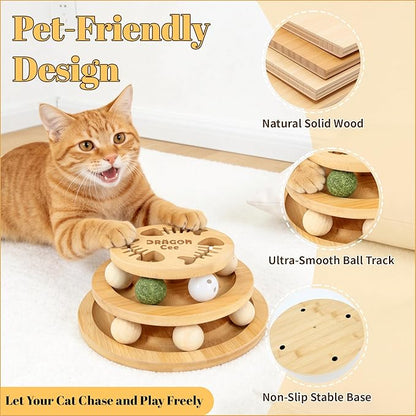 Cat Ball Track Toy with Puzzle Top, Interactive Cat Toys for Indoor Cats with Spinning Balls, Wooden Cat Ball Tower Toy for Kitten Kitty Exercise Mental Physical