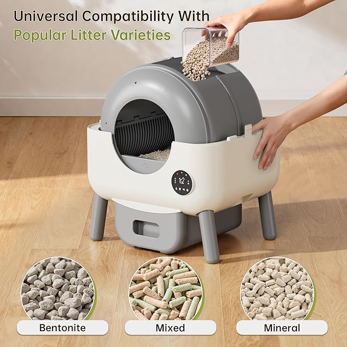 Greesum 76L Large Capacity Fully Enclosed Automatic Litter Box, Cat Ear Design with Garbage Bags Aroma Box and Brush for Multi - Cat Families (Gray)