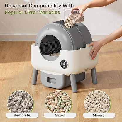 Greesum 76L Large Capacity Fully Enclosed Automatic Litter Box, Cat Ear Design with Garbage Bags Aroma Box and Brush for Multi - Cat Families (Gray)