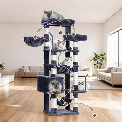 Cat Tree, Cat Tower for Large Cats with 2 Big Platforms, 2 Baskets, condo and Toys, 63" Cat Scratching Posts for Indoor Cats, Smoky Gray GCT020G