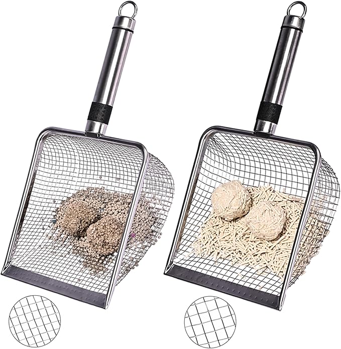 2-Pack Stainless Steel Cat Litter Scoop, 3.8mm Fine Mesh & 5mm Metal Scooper, 5.5-Inch Wide Deep Shovel, Long Handle, Rustproof Cat Poop Scooper for Clumping Litter, Multi-Pet & Beach Sand