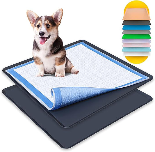 TidyFriend 2 Pack Dog Pee Pad Holder Tray - Fits Up to 24” x 24” Pee Pad Holder for Dogs - Stable Grip, Raised Edges, Quick-Wipe Silicone Surface Dog Pad Holder for Indoor Flooring Protection (Black)