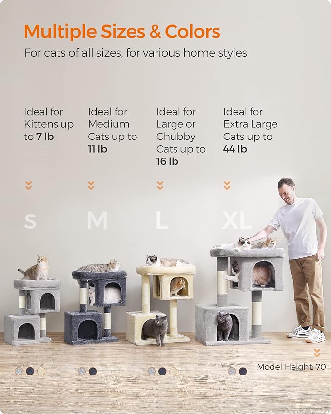 Feandrea Cat Tree, 40.6-Inch Cat Tower, Plush Condo for Extra Large Cats up to 44 lb, Large Perch, 2 Caves, Scratching Post, Smoky Gray UPCT614G01