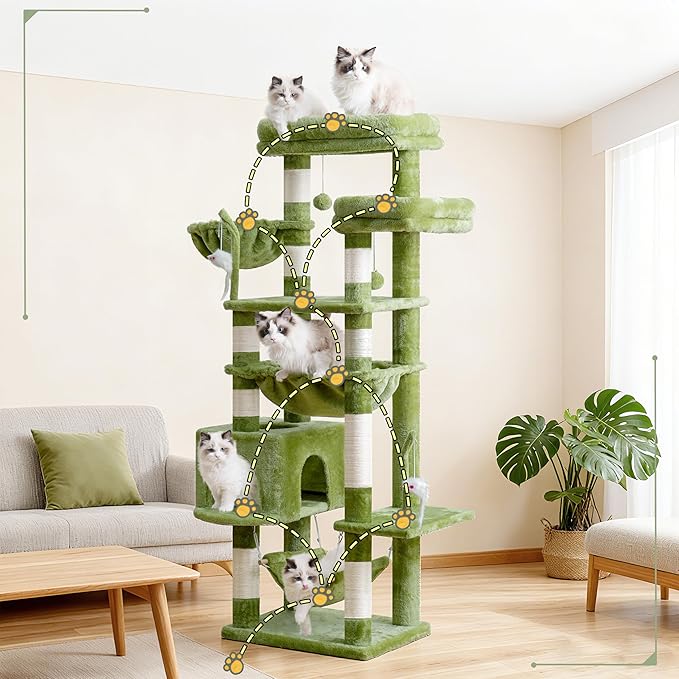 Cat Tree, Cat Tower for Large Cats with 2 Big Platforms, 2 Baskets, condo and Toys, 63" Cat Scratching Posts for Indoor Cats, Green GCT020GR