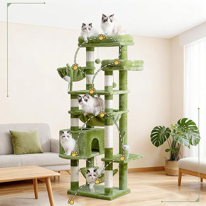Cat Tree, Cat Tower for Large Cats with 2 Big Platforms, 2 Baskets, condo and Toys, 63" Cat Scratching Posts for Indoor Cats, Green GCT020GR