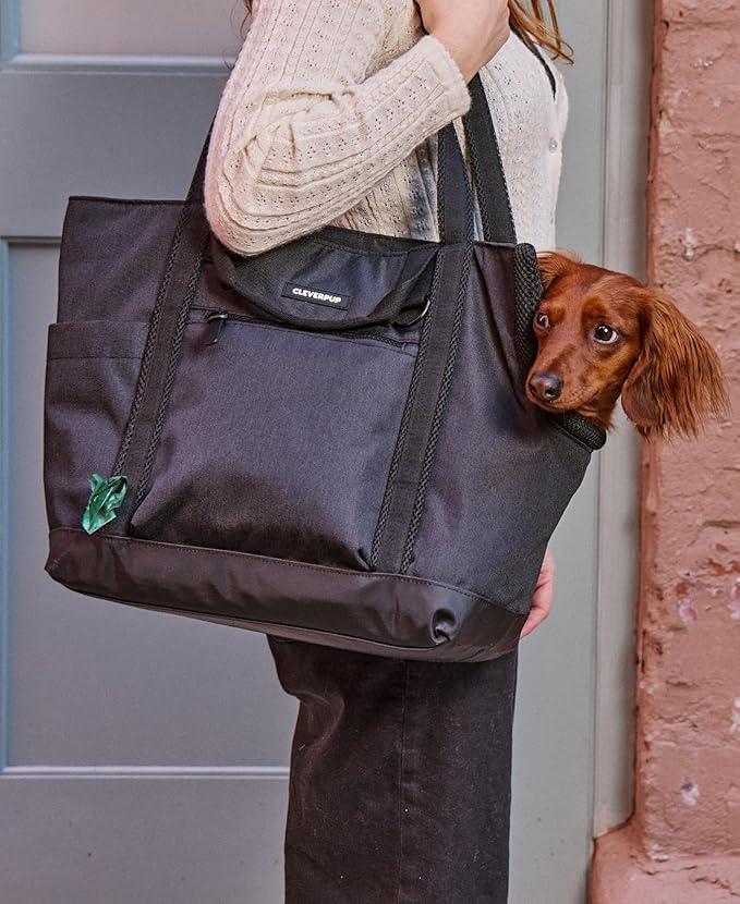 CLEVERPUP Transit Tote Dog Carrier for Small/Medium Dogs 8-20 lbs, 19x12x9 Soft-Sided 4-Pc Set with Waterproof Base, Plush Insert, Food Pouch, Mesh Head Opening - Medium, Graphite
