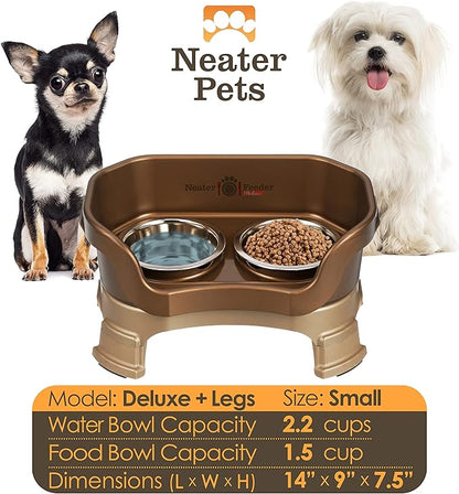 Neater Feeder Deluxe Mess-Proof Elevated Dog Bowls for Small Dogs (Up to 19 lbs), 2 Height Adjustable (6” & 7.5”) No-Spill Raised Dog Bowl Stand, Stainless Steel Food Bowl Set, Made in USA, Bronze