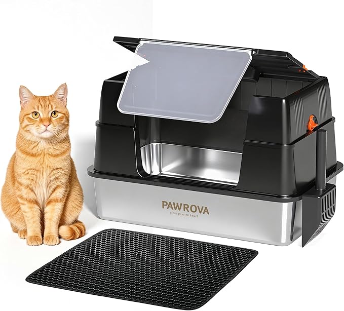 Stainless Steel Litter Box with Lid, XL Metal Litter Box for Big Cats, Premium 304 Stainless Steel, Leak-Proof Enclosed High Sides,Odor Resistant & Easy Clean, Flip-Up Lid with Scoop & Mat (Black)