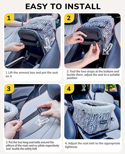 Center Console Dog Car Seat, Puppy Carseat for Small Dogs, Cat Car Seat with Metal Frame and Double Protection Seat Belts, Pet Booster Seat with Washable Cushion and Clip-on Leash Cute Zebra Print