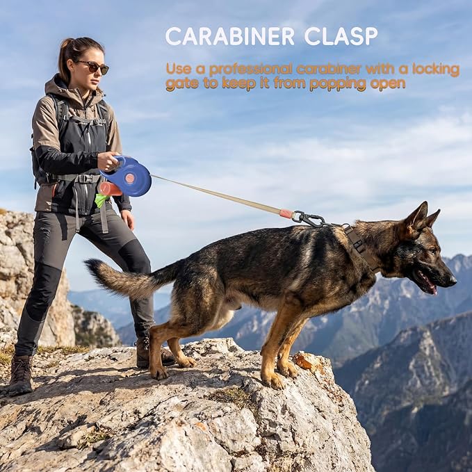 Retractable Dog Leash 10FT for Small & Medium Dogs, Sturdy Heavy-Duty Nylon Tape with Secure Locking Carabiner & Poop Bag Holder, Smooth One-Hand Control, Anti-Slip Handle, Tangle-Free Design (Blue)