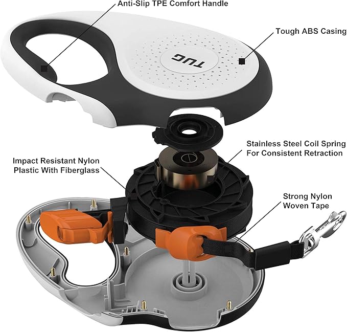 TUG 360° Tangle-Free Retractable Dog Leash with Waste Bag Dispenser (Small, White/Orange)