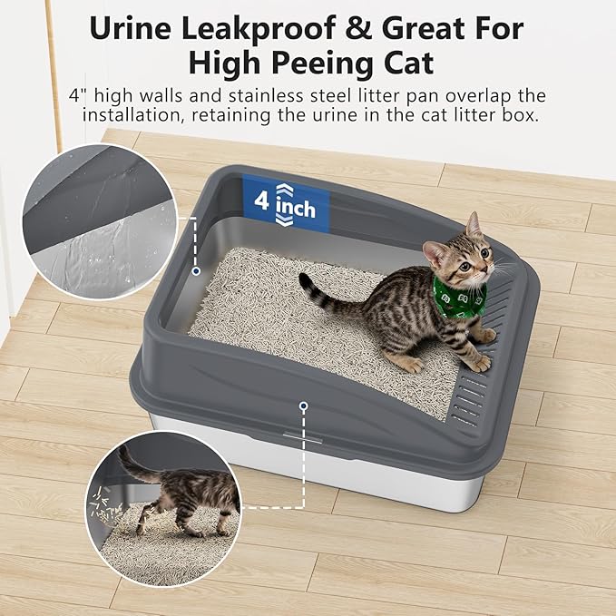 Stainless Steel Litter Box, Metal Kitty Litter Box with Scoop, Anti-Leakage Top Entry, Non-Sticky, Easy to Clean