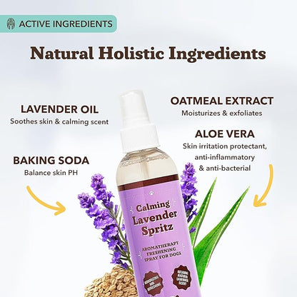 Natural Dog Company Calming Lavender Spritz 8 oz – Hypoallergenic Dog Deodorizing Spray with Aloe & Oatmeal – Refreshes Coat, Soothes Sensitive Skin – Natural Lavender Scent, No Artificial Fragrance