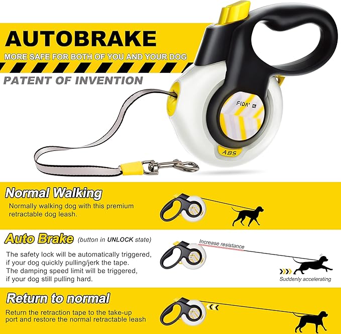 FIDA AutoBrake Retractable Dog Leash. Advanced Patented Design for Dog Pulling, 16 ft Heavy Duty No Pull Pet Walking Leash for Large Breeds. Tangle Free, Soft Grip, Large Size