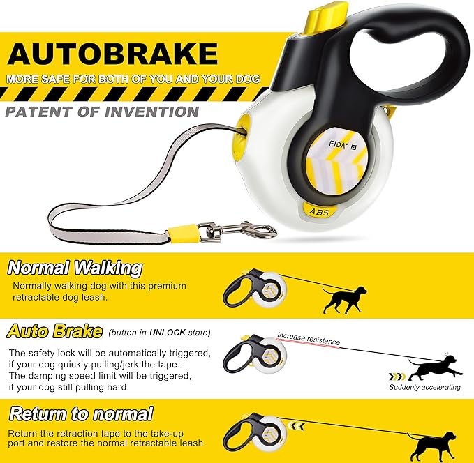 FIDA AutoBrake Retractable Dog Leash. Advanced Patented Design for Dog Pulling, 16 ft Heavy Duty No Pull Pet Walking Leash for Extra Large Breeds. Tangle Free, Soft Grip, X-Large Size.