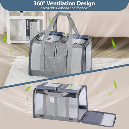 Cat Carrier for 2 Cats, Large Soft-Sided Pet Travel Carrier, Dual Compartments, Privacy Protection, Dog Carrier for Small/Medium Dogs, Home & Outdoor Use