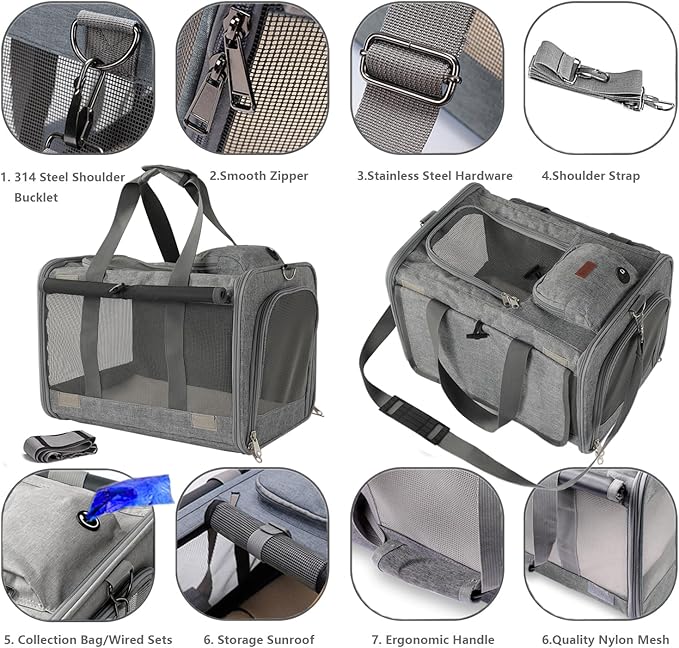 HSC PET Grey Cat Carriers Soft Small Dogs Carrier Airline Approved,Soft-Sided Pets Carrier with Large Pockets,Active Sunshades Curtains,Lightweight,Keeped Shape (Hold up Well)