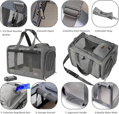 HSC PET Grey Cat Carriers Soft Small Dogs Carrier Airline Approved,Soft-Sided Pets Carrier with Large Pockets,Active Sunshades Curtains,Lightweight,Keeped Shape (Hold up Well)
