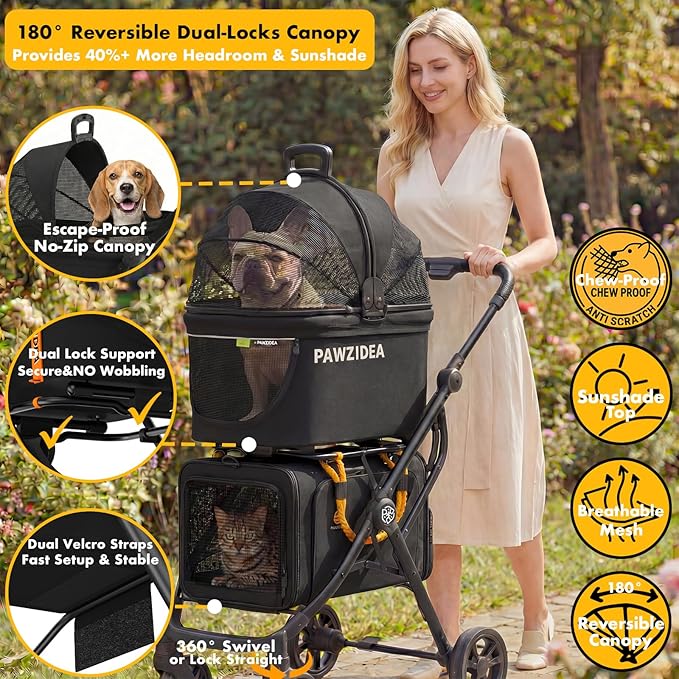 PAWZIDEA Double Pet Stroller with 2 Detachable Carrier, Lightweight Portable Travel Crate & Car Seat Combo & TSA-Approved Expandable Carrier, Foldable Jogger Stroller for 2–4 Cats or Small/Medium Dogs